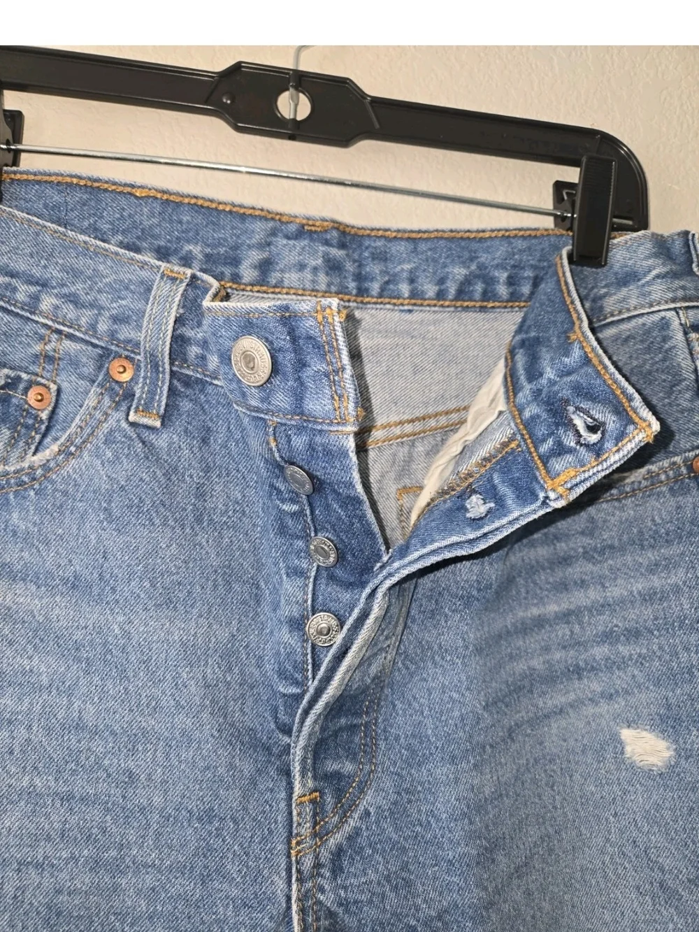 Levis 501 Distressed Button-Fly Blue Denim Jeans